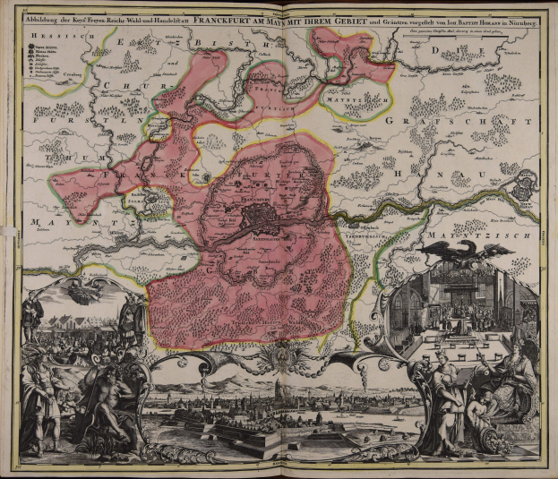 Ein altes Buch mit einer zentralen Deutschlandkarte umgeben von Bildern und Texten, das einen klassischen und zeitlosen Eindruck vermittelt.