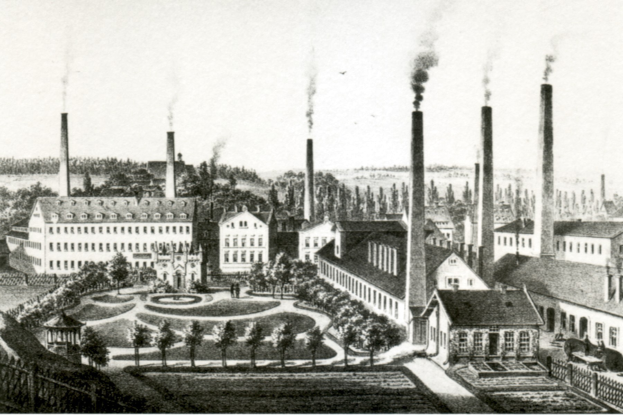 Schwarz-weiß-Zeichnung einer Fabrik mit Rauch aus Schornsteinen, umgeben von Gebäuden, Bäumen, Pflanzen, Gras und einem Zaun, mit Text unten: "New York State Penitentiary".