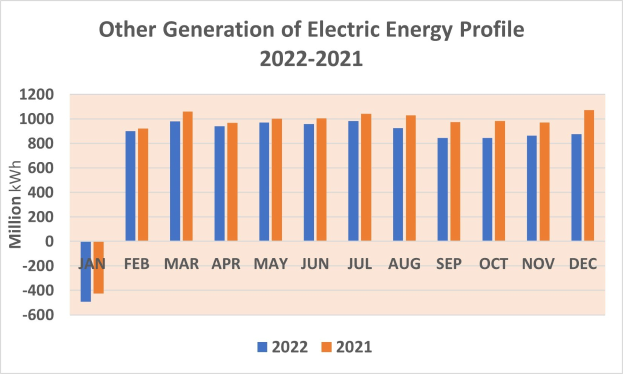 Liniengraphik zur jährlichen Erzeugung von elektrischer Energie von 2021 bis 2022 mit begleitendem erklärendem Text.