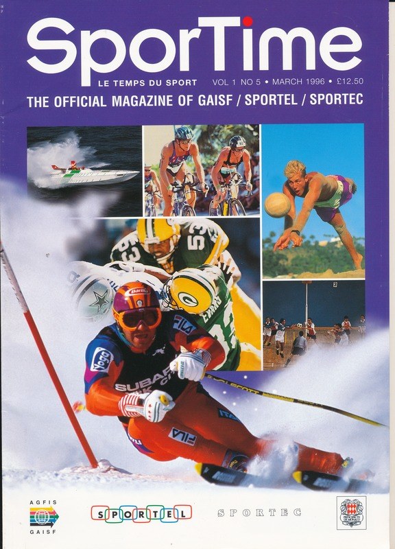 Titelbild des *Sporttime Magazin* aus März 1996, zeigt Bilder von Skifahren und Snowboarden neben Text und Logos.