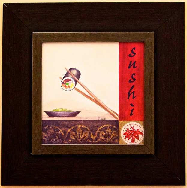 Ein Foto mit Stäbchen, Essen und einem Teller in der Mitte des Rahmens.