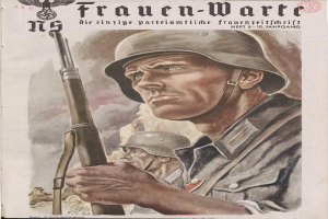 Ein deutsches Weltkriegspropagandaplakat, das einen Mann in einer Militäruniform zeigt, der ein Gewehr hält, mit zwei weiteren Personen im Hintergrund, Text und einem Logo.