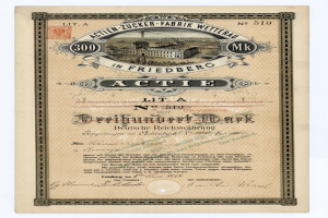 Altes deutsches Wertpapier mit einer Gebäudeillustration und Text, der likely den aktiven Status angibt.