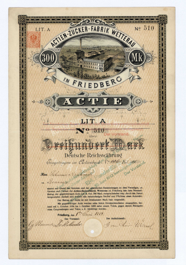 Altes deutsches Wertpapier mit einer Gebäudeillustration und Text, der likely den aktiven Status angibt.