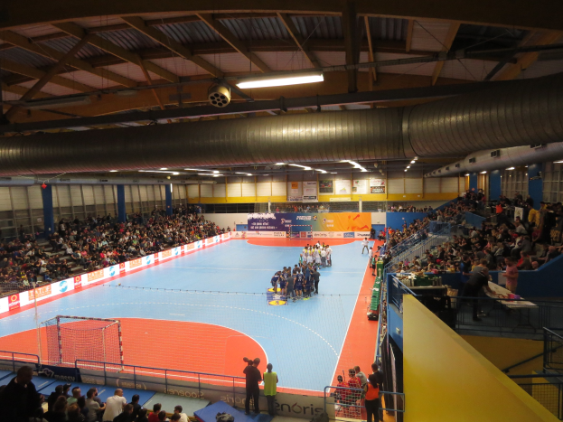 Große Halle mit Zuschauern bei einem Handballspiel, mit Sitzplätzen und Stehplätzen, Netz auf der linken Seite, Hintergrundtexttafeln, Deckenbeleuchtung und sichtbare Dachrohre.