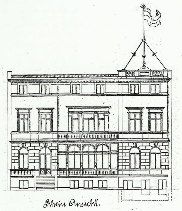Schwarz-weiß-Zeichnung eines mehrstöckigen Gebäudes mit einer Flagge oben drauf, das eine Treppe zum Eingang und mehrere Fenster sowie Text unten zeigt.