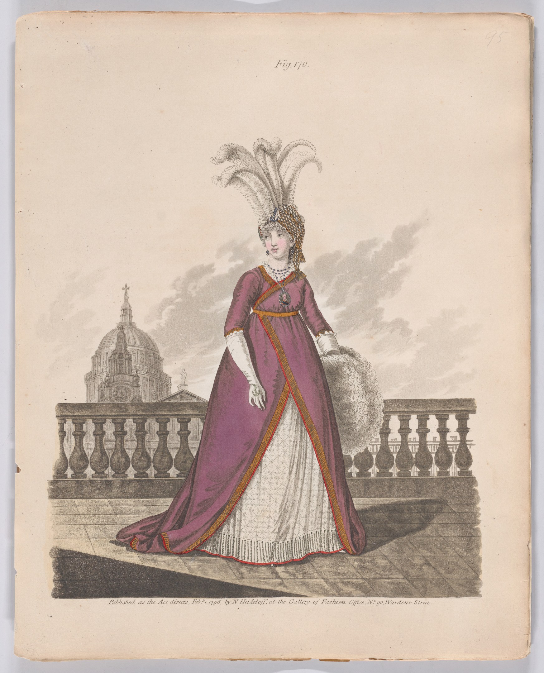 Frau in einem purpur-weißen Federkleid, die an einem Geländer steht, mit einem Gebäude und Wolken im Hintergrund, beschriftet mit 'Fashion of New York, New York Street, 1790'.