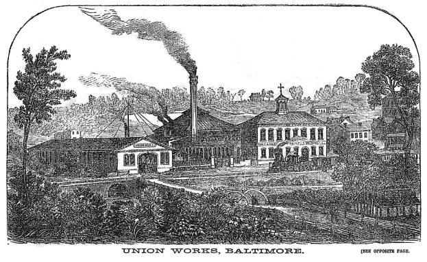 Schwarze und weiße Zeichnung der Union Works in Baltimore, Maryland, mit mehreren Gebäuden, Bäumen und Rauch im Hintergrund und Text unten.