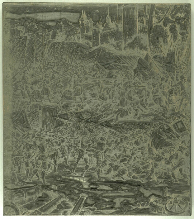 Eine Schwarz-Weiß-Zeichnung einer chaotischen Szene mit aufgeregten Menschen, die wegrennen, hohen Gebäuden im Hintergrund und verstreuten Gegenständen, mit Text unten.