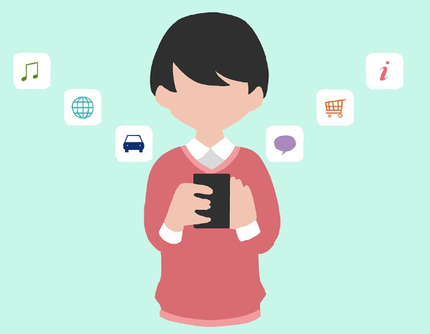 Animierte Person, die ein Smartphone hält, mit App-Icons, die darauf hinweisen, dass Online-Einkaufs-Apps verwendet werden.
