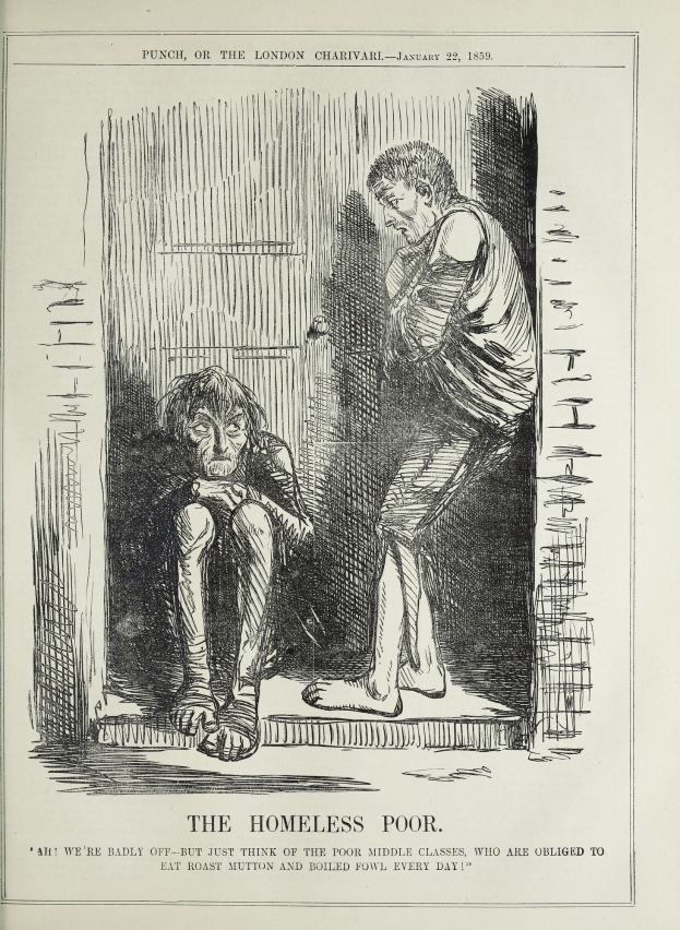 Eine Zeitung mit einer Zeichnung von zwei Personen, eine sitzend und eine stehend, mit der Aufschrift "Die Obdachlosen Armen"