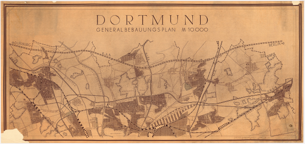 Ein detaillierter alter Stadtplan von Dortmund, Deutschland, der Straßen, Gebäude und Sehenswürdigkeiten mit Textbeschriftungen zeigt.