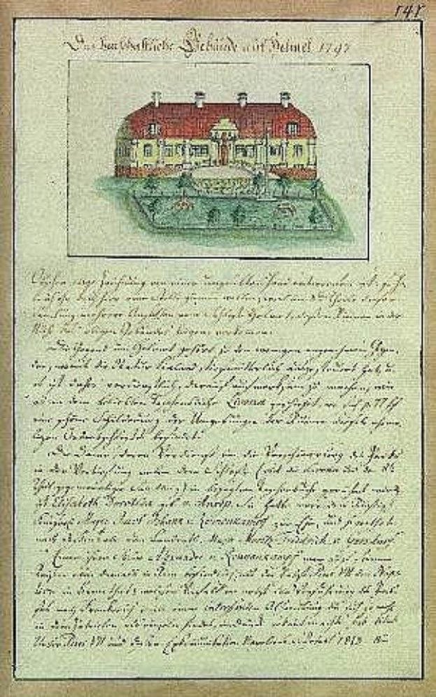 Alter Dokument mit detaillierter Zeichnung eines weißen Hauses mit rotem Dach, signiert von der Schleswig-Holstein-Schule Delmar in Deutschland, datiert 1797.