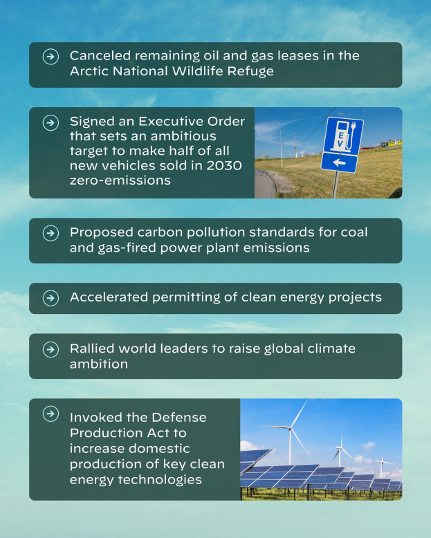 Plakat mit dem Text "Abgesagte verbleibende Öl- und Gasförderlizenzen im Arctic National Wildlife Refuge" mit Bildern von Solarpanelen und Windrädern vor einem bewölkten Himmel.