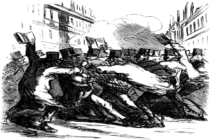 Schwarze und weiße Zeichnung von Menschen, die vor Gebäuden auf einer Stadtstraße fliehen, mit dem Text "Victorianische Revolution" unten.