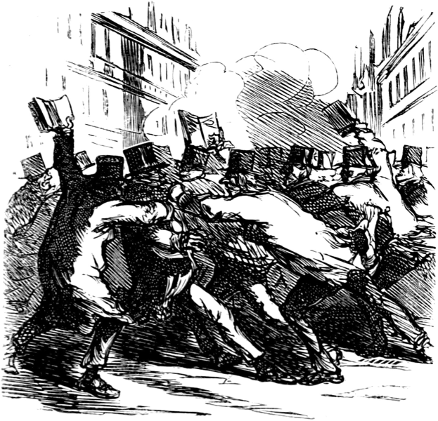 Schwarze und weiße Zeichnung von Menschen, die vor Gebäuden auf einer Stadtstraße fliehen, mit dem Text "Victorianische Revolution" unten.