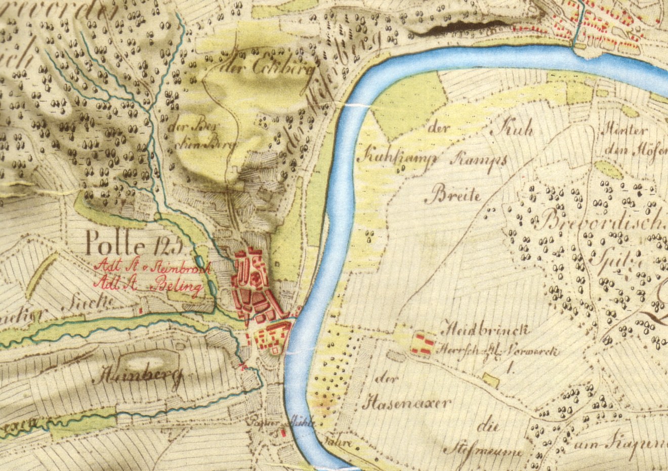 Detailierte alte Karte von Polle, Deutschland, mit einem Fluss, Straßen, Gebäuden und anderen Merkmalen markiert.