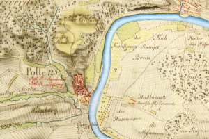 Detailierte alte Karte von Polle, Deutschland, mit einem Fluss, Straßen, Gebäuden und anderen Merkmalen markiert.