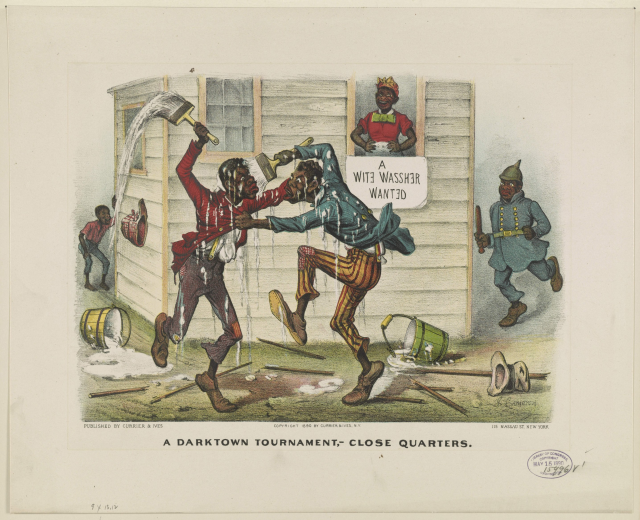 Plakat für ein Darktown-Turnier, das Menschen mit Eimern und Holzstäben zeigt, die über den Boden verstreut sind, und Text mit Turnierdetails.