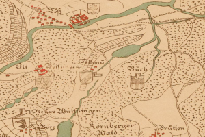 Eine detaillierte alte Karte von Berlin, Deutschland, die die Schlacht am Rhein zeigt, mit beschrifteten Städten, Dörfern und dem Verlauf des Flusses, begleitet von erklärendem Text.