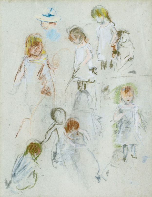 Ein buntes Bild auf Papier zeigt fröhliche Kinder, die in einem Feld spielen, wobei eines einen Hut trägt.