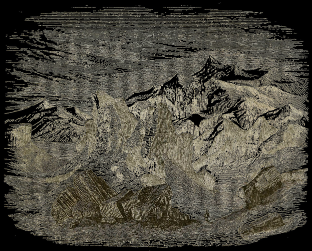 Schwarze und weiße Gravur eines Gebirgszuges mit Felsen im Vordergrund, einem Himmel im Hintergrund und dem Text "Mount Everest" unten.