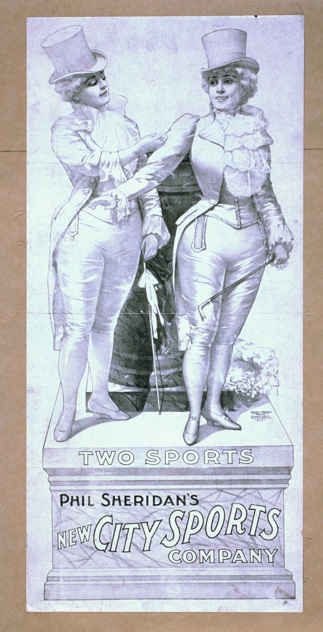 Plakat für die neue Stadt-Sportfirma von Phil Sheridan mit zwei Personen nebeneinander und Textbeschreibung der Firma und ihrer Dienstleistungen.