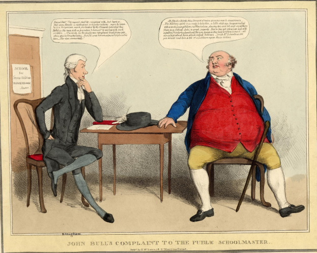 John Bull sitzt einem sitzenden Schuldirektor gegenüber an einem Tisch mit Hut und Papieren, während im Hintergrund eine Tür und ein an der Wand angebrachtes Papier zu sehen sind.