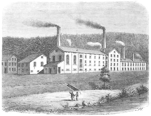 Schwarz-weiß-Etching einer Fabrik mit rauchenden Schornsteinen, umgeben von Bäumen, Pflanzen und Menschen, mit der Beschriftung "New York State Penitentiary" unten.