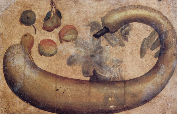 Gemälde einer Banane mit einer Blume darauf, umgeben von verschiedenen Früchten und Blättern, auf einem Papier mit leuchtenden Farben und klaren Details.