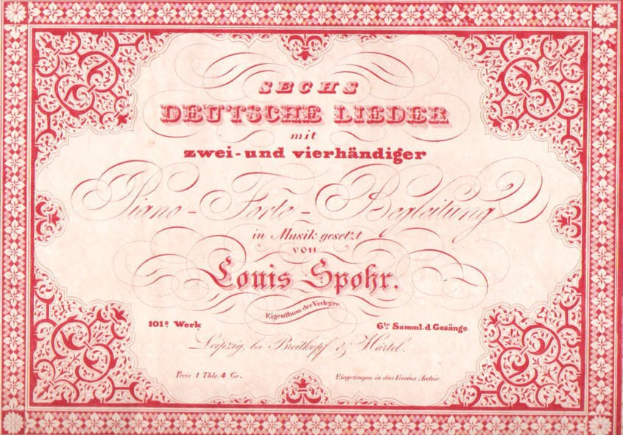 Altes deutsches Aktienzertifikat mit rotem Rand und weißem Hintergrund, betitelt "Louis Spohr - Zweites Deutsches Lieder".