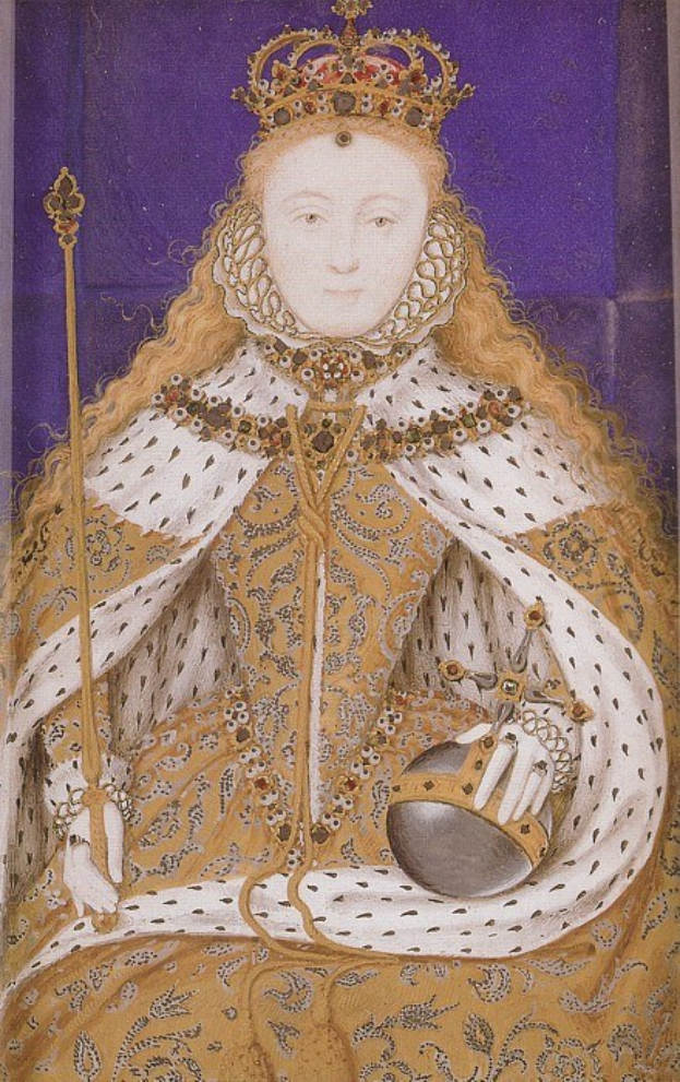 Gemälde der Queen Elizabeth I. von England in königlicher Kleidung, mit einer Krone, einem Stock, mit einem Dutt und einem würdevollen Gesichtsausdruck.