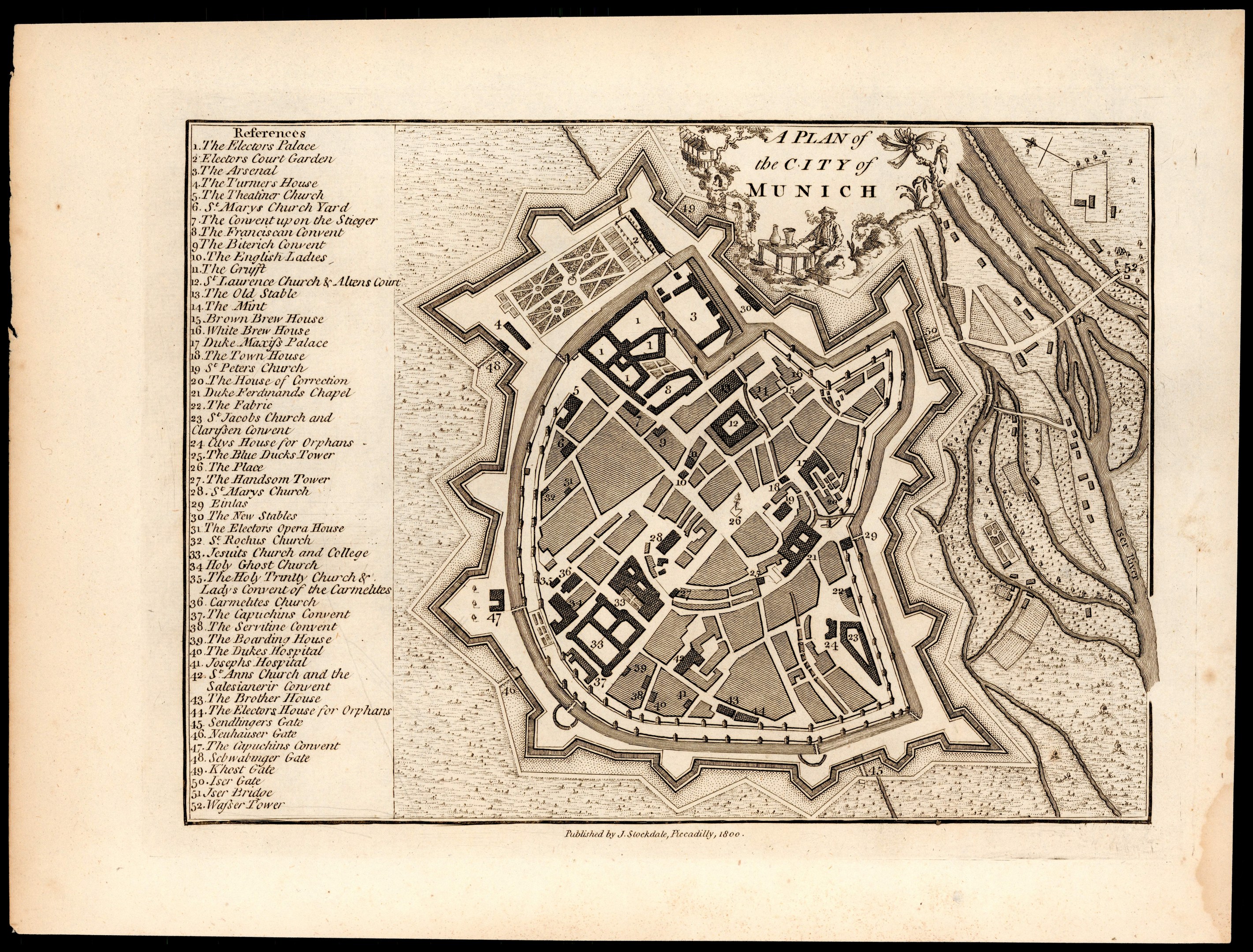 Ein altes Stadtplan von München, Deutschland, auf schwarzem Hintergrund, der Straßen, Gebäude und Sehenswürdigkeiten mit beschrifteten Text zeigt.
