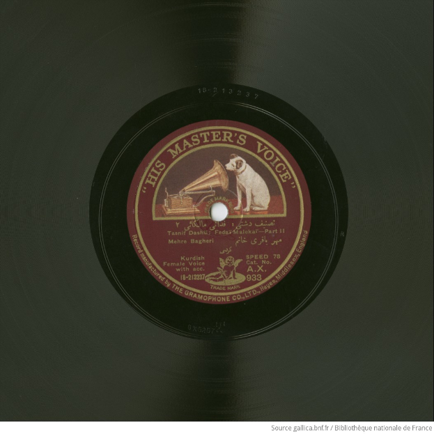 Eine schwarze Schallplatte mit einem Etikett, auf dem "His Master's Voice" steht, eingerahmt von einem schwarzen Rand.