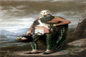 Ein Gemälde eines Mannes in traditioneller schottischer Kleidung, einschließlich eines Kilts, vor einer Kulisse aus Bergen, Bäumen, Pflanzen und Wasser unter einem bewölkten Himmel.