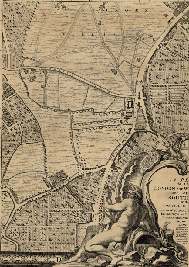 Ein detailliertes London-Kartenplakat mit einer zentralen Skulptur einer Person.