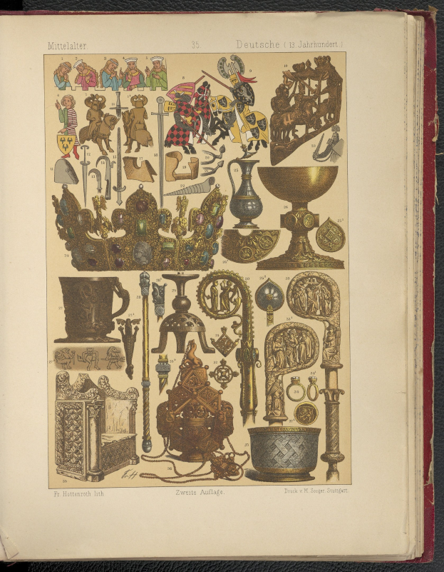 Offenes Buch mit arrangierten Bildern und Text auf einer flachen Oberfläche, mit einer Mischung aus hellen und gedeckten Farben.