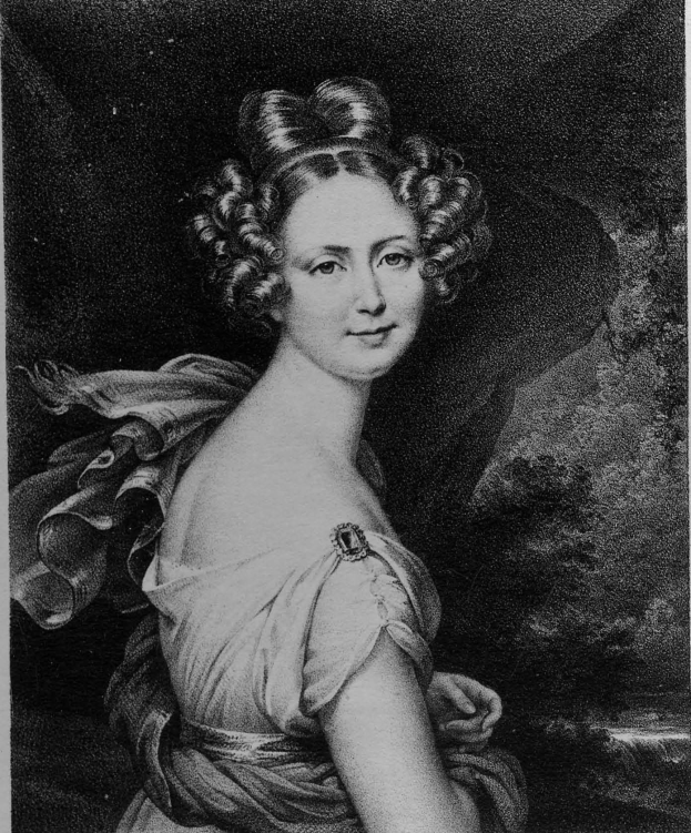 Schwarzes und weißes Porträt von Maria Feodorovna von Russland, eine Frau in einem Kleid mit dunklem Hintergrund, die direkt in die Kamera schaut.