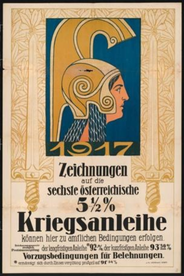 Ein Plakat, das ein Konzert in Berlin, Deutschland im Jahr 1917 ankündigt und eine Frau in einem Helm zeigt, die ein Schwert hält