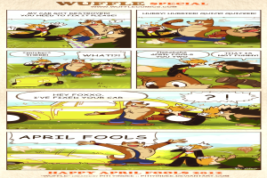 Comicstrip-Plakat mit der Überschrift "April Fools", das einen Cartoon-Mann und -Frau zeigt, die unter einem hellblauen Himmel mit weißen Wolken sprechen, wobei der Mann mit den Händen gestikuliert.