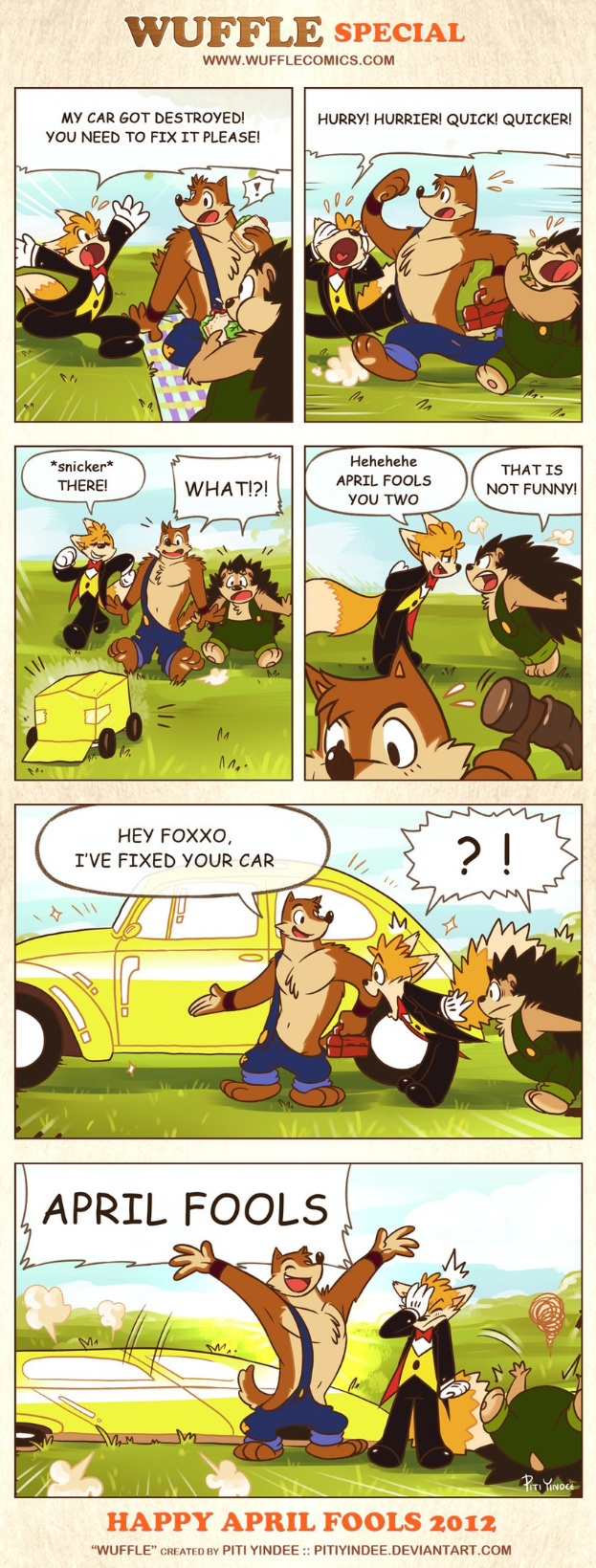 Comicstrip-Plakat mit der Überschrift "April Fools", das einen Cartoon-Mann und -Frau zeigt, die unter einem hellblauen Himmel mit weißen Wolken sprechen, wobei der Mann mit den Händen gestikuliert.