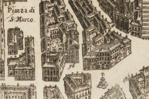 Eine handgezeichnete Stadtansicht mit mehreren Gebäuden in verschiedenen Architekturstilen und handgeschriebenen Notizen auf dem Papier.