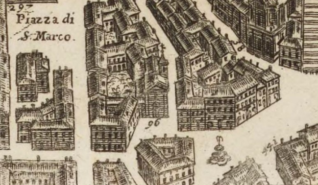 Eine handgezeichnete Stadtansicht mit mehreren Gebäuden in verschiedenen Architekturstilen und handgeschriebenen Notizen auf dem Papier.