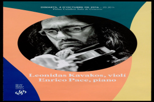 Ein Plakat mit dem Geiger Leonidas Kavakos, der ein Piano spielt, mit Text, der den K├╝nstler und seine Arbeit beschreibt.