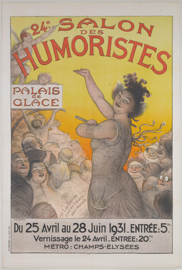Plakat für den Salon des Humoristes in Paris, das eine Frau mit einem menschlichen Gesicht zeigt, umgeben von einer Menge, mit Text, der das Ereignis beschreibt.