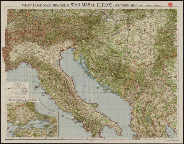 Ein detailliertes strategisches Kriegslandkarte von Europa mit schwarzem Rand, das verschiedene Länder und Regionen während des Krieges zeigt.