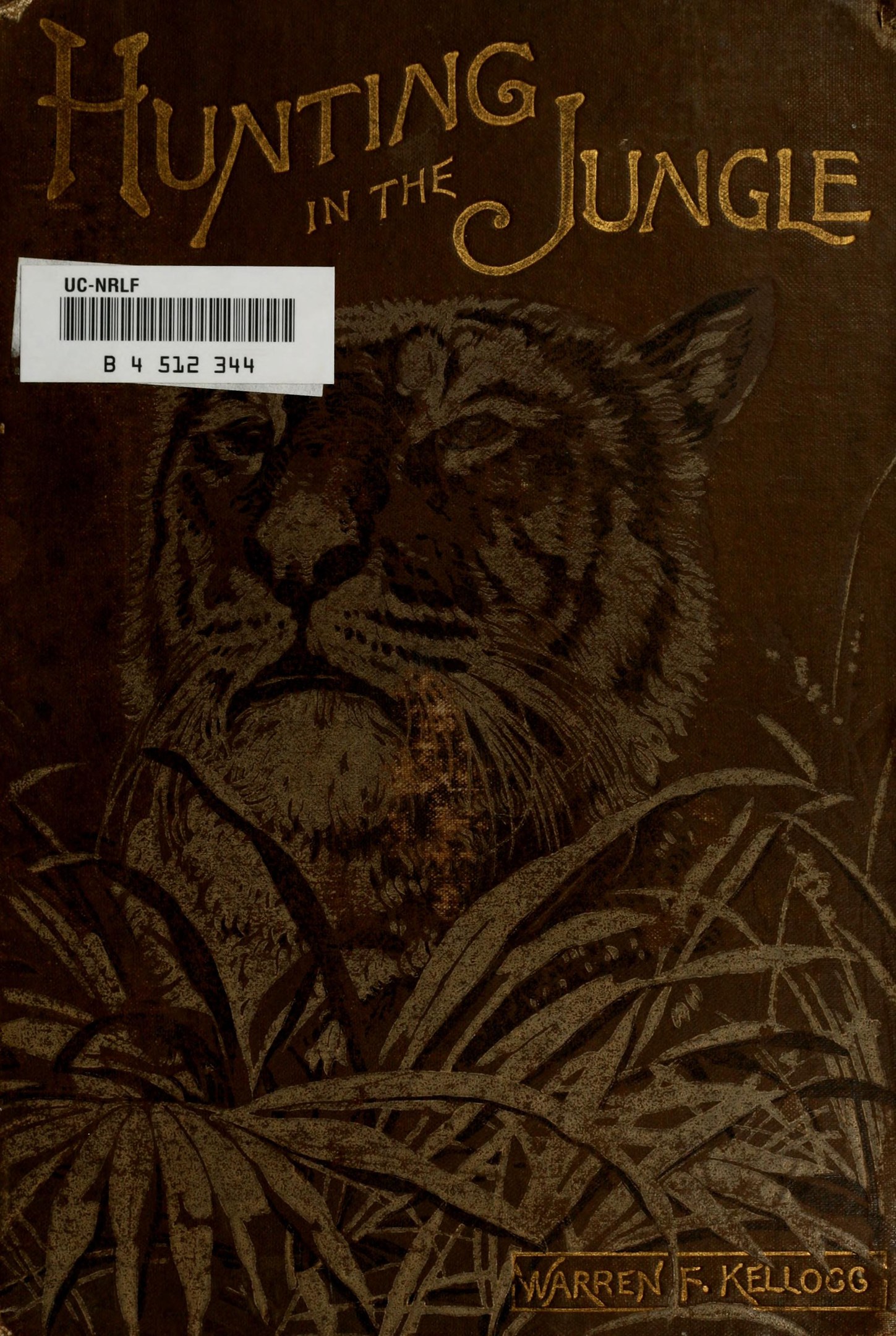 Ein Buchumschlag mit einem Tiger mit tiefem Orangeton, der in hohem Gras steht und von grünem Blattwerk umgeben ist, mit dem Titel "Jagen im Dschungel" und einem Strichcode unten.