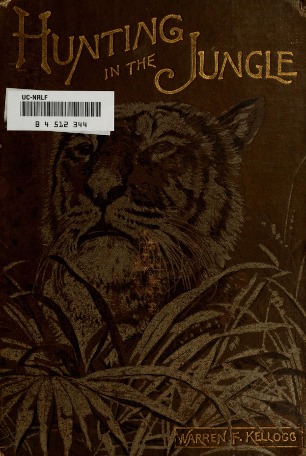 Ein Buchumschlag mit einem Tiger mit tiefem Orangeton, der in hohem Gras steht und von grünem Blattwerk umgeben ist, mit dem Titel "Jagen im Dschungel" und einem Strichcode unten.