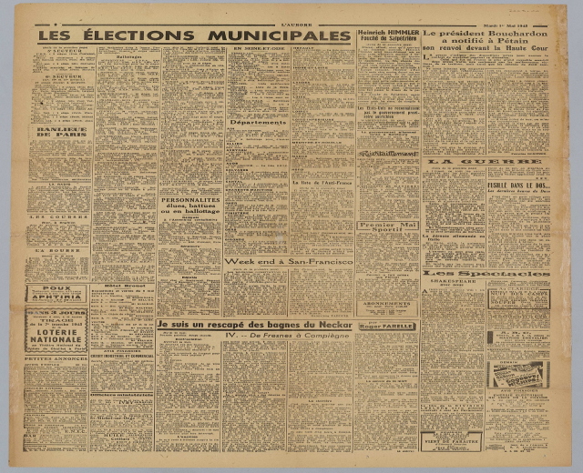 Titelseite der französischen Zeitung *Les Élections Municipales* mit weißem Hintergrund, gefüllt mit Text über Kommunalwahlen.