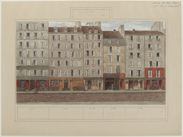 Eine Zeichnung eines Gebäudes mit Fenstern, Türen und einem Himmelhintergrund, beschriftet mit 'Französische Architekturschule' unten.